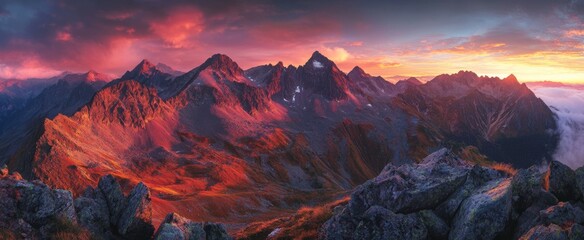 Obraz premium Majestic Sunset Mountain Panorama: Fiery Hues and Dramatic Peaks