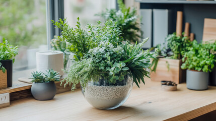 Fototapeta premium Lush Greenery in Glass Bowl on Wooden Table near Window