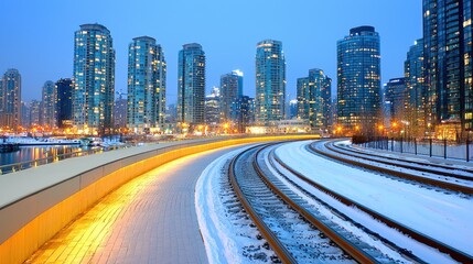 Fototapeta premium Snowy city waterfront, train tracks curve, modern buildings, twilight. Use Travel brochure