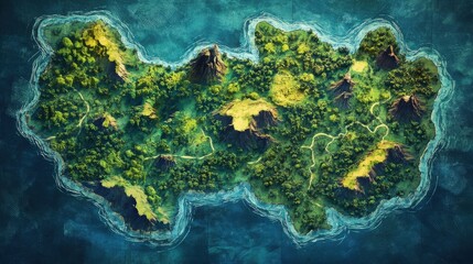 Lush tropical island map with rugged mountain terrain and dense forests