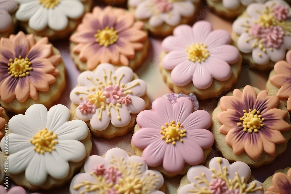 Poster many round cookies decorated with colorful icing in the shape of flowers creating a beautiful patter