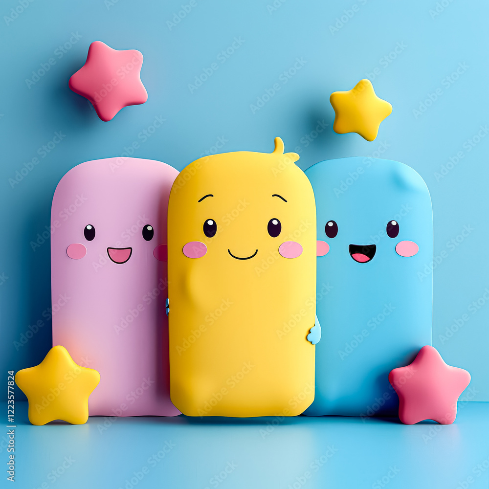 Poster three cartoonish characters are sitting on a blue background with stars. the characters are smiling 