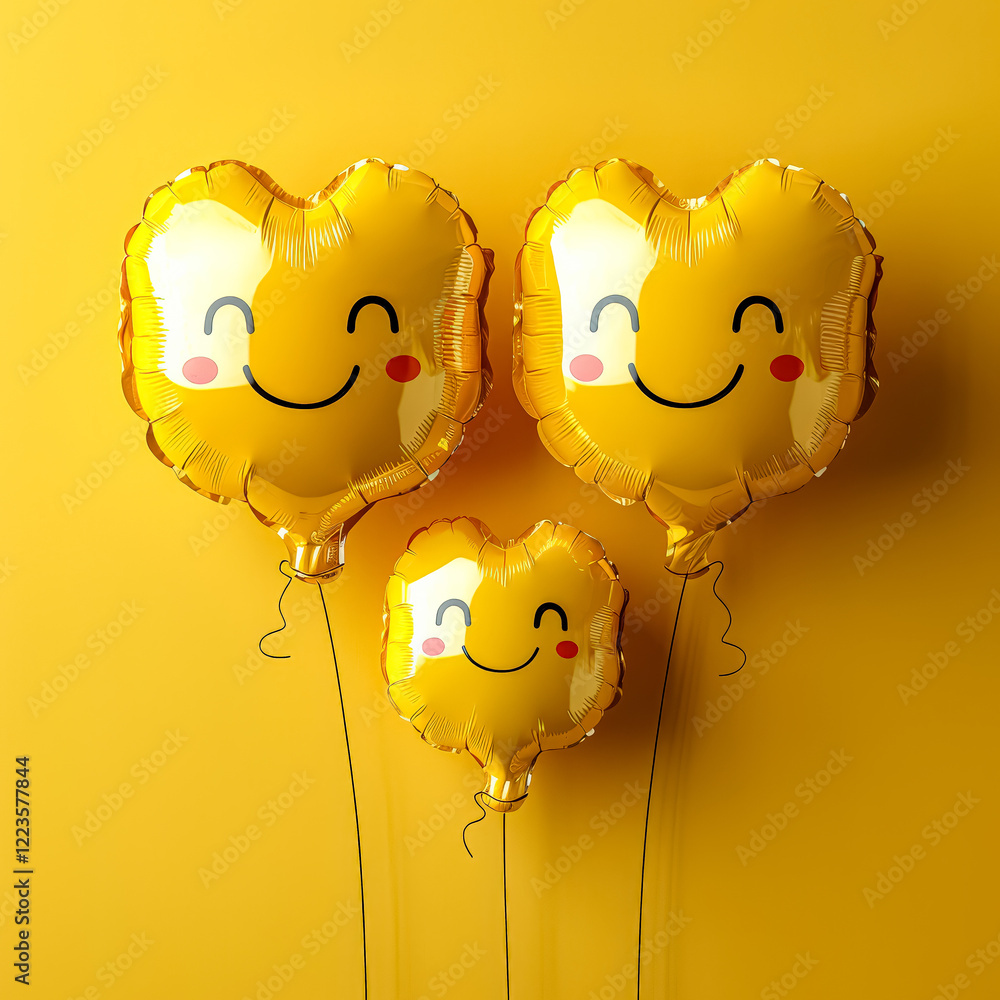 Poster three yellow balloons with smiling faces are arranged in a row. the balloons are connected by string