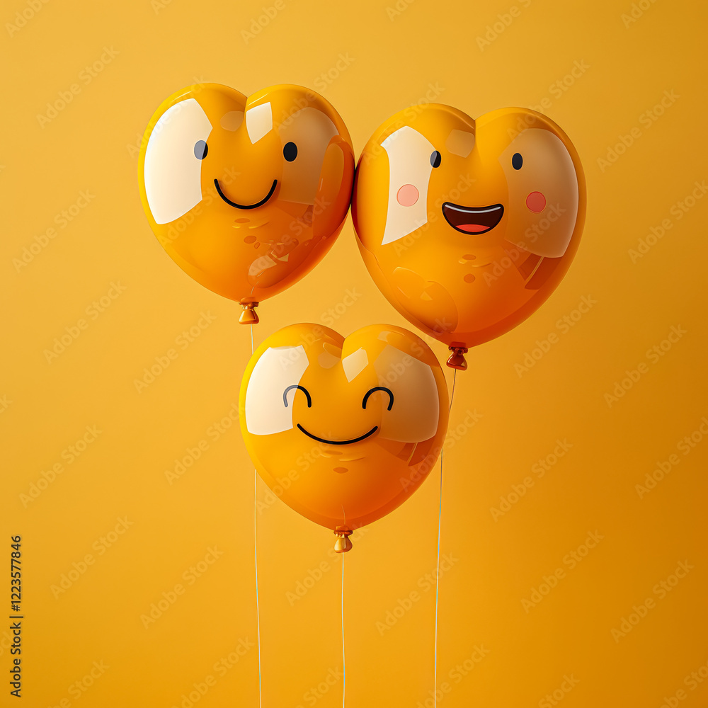 Poster three yellow balloons with smiling faces are arranged in a row. the balloons are connected by string