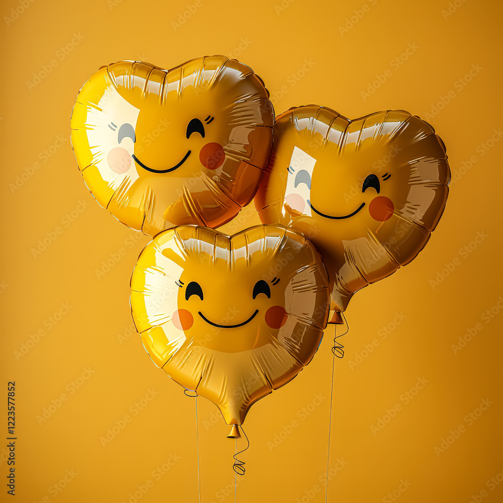 Poster three yellow balloons with smiling faces are arranged in a row. the balloons are connected by string