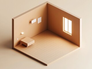 3D isometric rendering of a brown, empty room, showcasing a simple layout for interior design purposes.