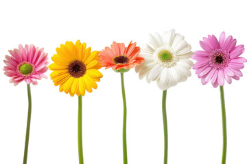A vibrant lineup of colorful gerbera daisies swaying gently in a soft breeze, displaying their beauty against a simple white background isolated on transparent background