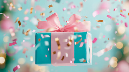 Fototapeta premium Pastel Gift Box with Pink Bow and Confetti