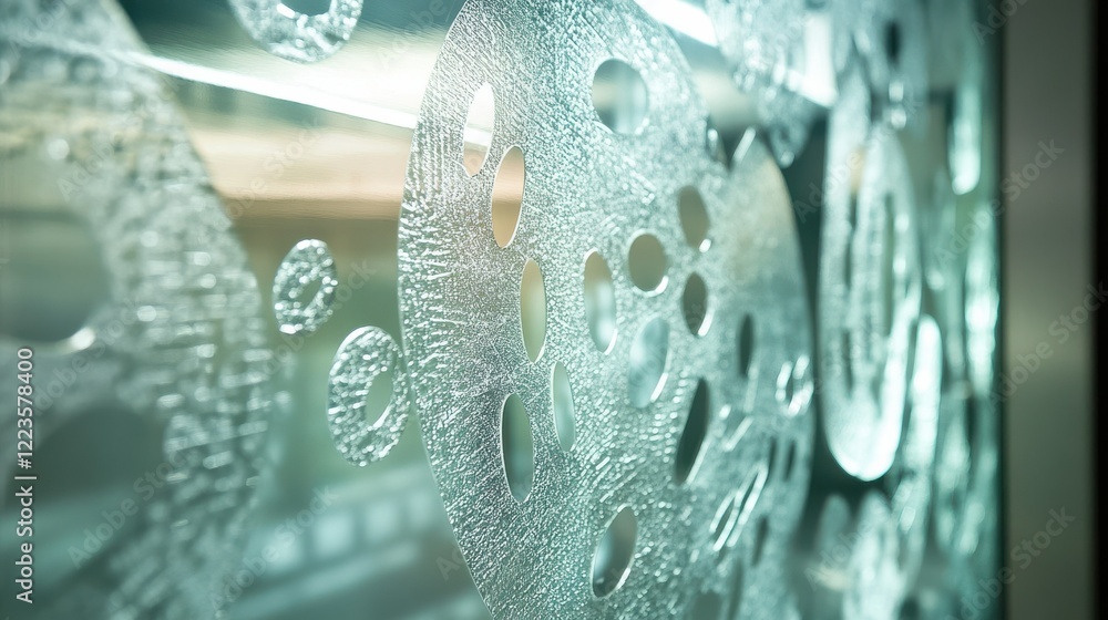 Poster patterned frosted glass with circular abstract design in soft lighting