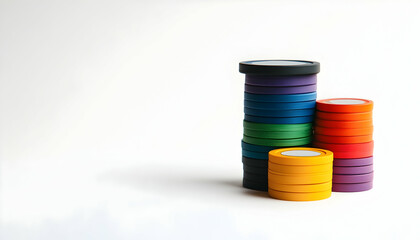 A collection of colorful poker chips stacked and spread on a white background, showcasing the essence of casino-style gaming and poker nights