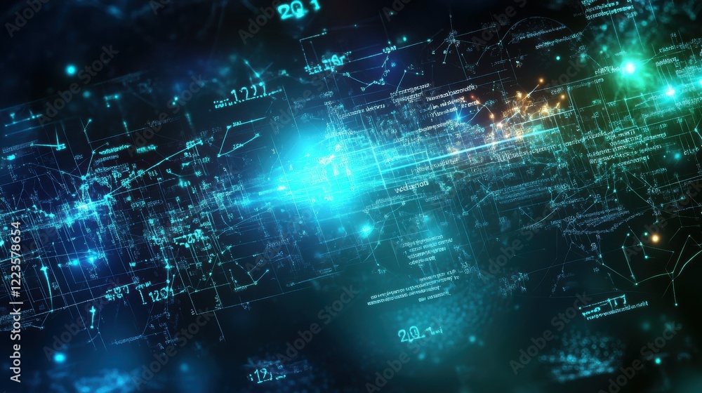 Poster futuristic blue digital data stream with glowing abstract circuitry