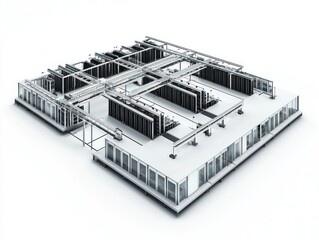 A 3D illustration of a data center floor plan, featuring rows of server racks isolated on a pristine white background.
