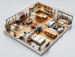 A 3D floor plan of a modern home, showcasing an open-concept living apartment with a spacious design.