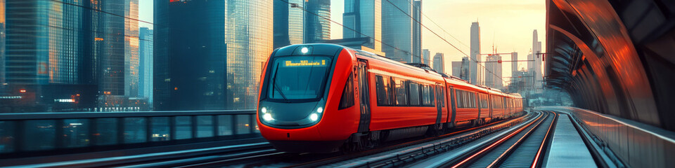 Fototapeta premium A sleek red train travels on elevated tracks amid a cityscape at sunset. Concept of urban transportation and modernity. For travel and city infrastructure.