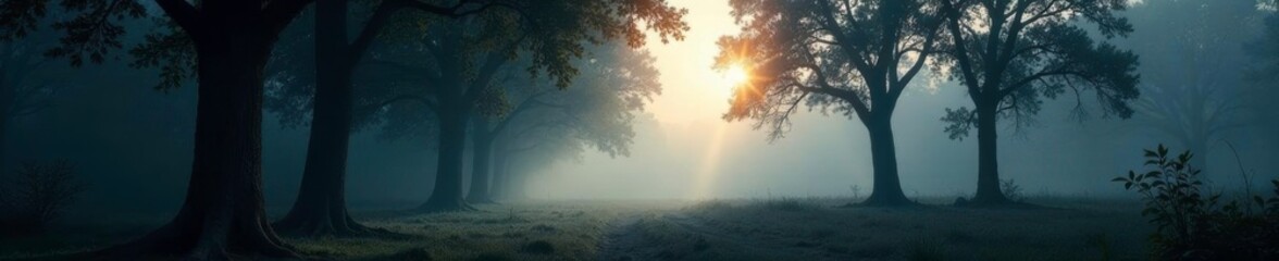Obraz premium Shadows of trees stretch across misty forest floor, silhouetted trees, natural ambiance, eerie landscape