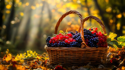 A Lush Basket Overflowing with Fresh Forest Berries Captured in the Warm Glow of Morning Sunlight Filtering Through Towering Trees