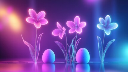 Vibrant flowers in shades of pink and blue illuminate a spring setting alongside pastel eggs, capturing the essence of renewal and joy in a magical ambiance