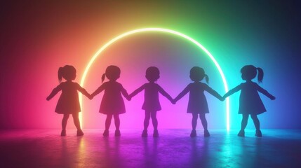 Five children stand hand-in-hand silhouetted against a vibrant neon arch. The colorful lights create a joyous ambiance, highlighting their playful connection in the evening