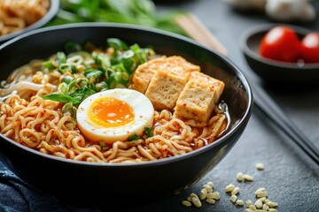 Rabokki Korean noodles with rice cake fish cake and boiled egg