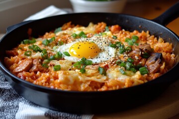 Spicy homemade Korean rice bowl with egg