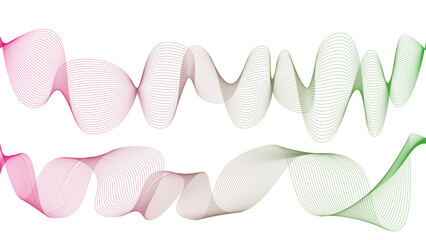 Vector curvy abstract line art wavy flowing dynamic green pink white background in concept music or sound, wave, wind, information flow	