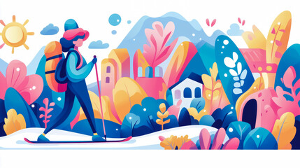 Cross-country Skiing Adventure: Colorful Winter Landscape Illustration