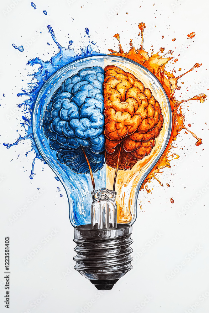 Poster light bulb with two brains inside of it. concept of intelligence and the importance of the brain