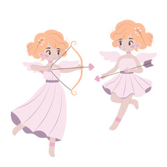 Flat-style illustration of two adorable cupids with heart-themed arrows and bows, wearing pastel dresses. Perfect for Valentine's Day, love-themed designs, greeting cards, and decorations.