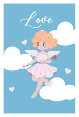 Charming flat-style illustration of a cute cupid with orange hair, sitting among white clouds, holding an arrow and bow. Perfect for Valentine's Day themes, love greetings, and romantic designs.
