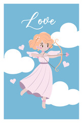 Flat-style illustration of a cute cupid girl with orange hair, drawing a heart-shaped bow and arrow. Surrounded by clouds and hearts, perfect for Valentine's Day cards and romantic designs.
