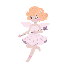 Fototapeta premium Flat-style illustration of a cute cupid girl with orange hair, wearing a pastel dress, holding a heart-tipped arrow. Ideal for Valentine's Day designs, romantic themes, and greeting cards.