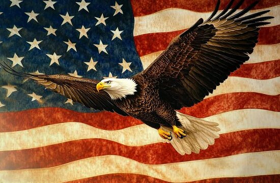 USA flag waving in the wind with eagle in foreground.