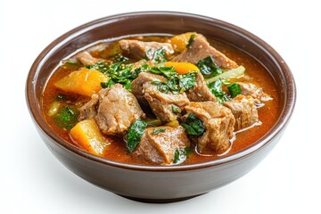 Spicy pork bone soup with vegetables in a hot bowl served with mustard sauce on a white background