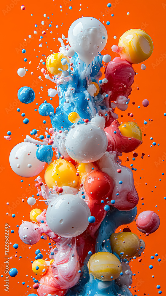 Poster colorful explosion of paint splatters on an orange background. the colors are bright and vibrant, cr