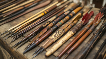 Fototapeta premium Collection of Crossbow Bolts and Arrows in Various Lengths and Designs