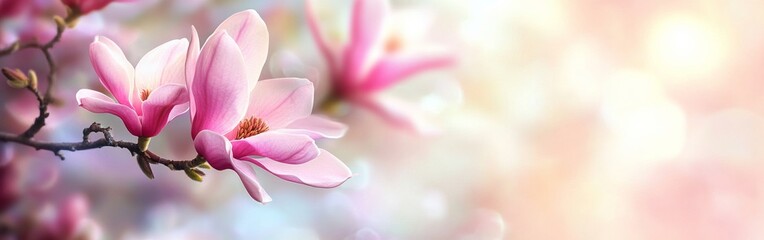 Obraz premium Vibrant pink magnolia blossoms showcase their intricate petals, standing out beautifully against a soft, blurred backdrop that enhances their charm during spring blossom season