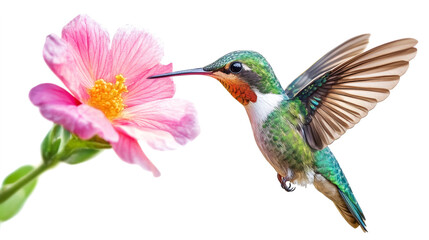 Hummingbird hovering near vibrant pink flower
