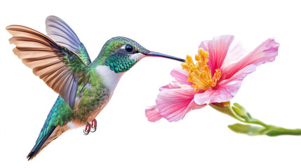 Obraz premium Vibrant hummingbird hovering near pink hibiscus flower