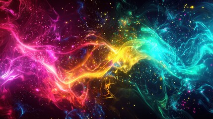 Fototapeta premium Bright hues of pink, blue, yellow, and green swirl together, creating a mesmerizing abstract effect with sparkling elements against a dark backdrop