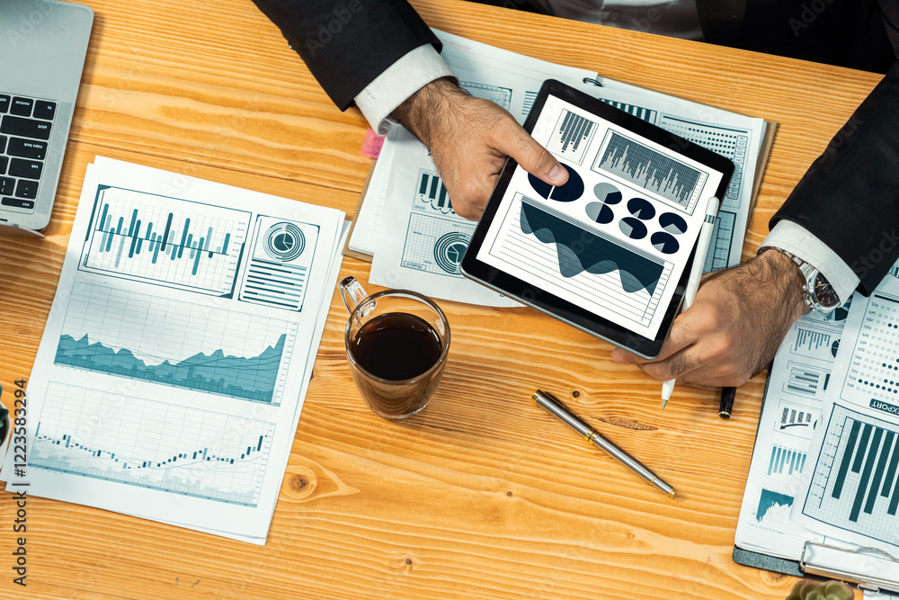 Poster financial data analysis dashboard by fintech bi or business intelligence display on tablet screen to