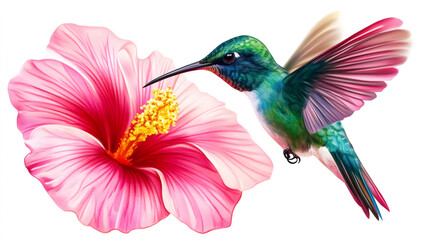 Obraz premium Vibrant hummingbird hovering near pink hibiscus flower