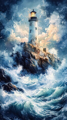Lighthouse is on a rocky cliff overlooking the ocean. The waves are crashing against the rocks, creating a powerful and dramatic scene. The lighthouse serves as a beacon of light