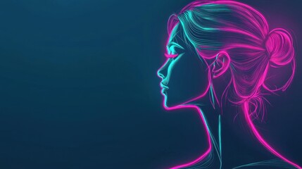 A striking neon design depicts a woman's profile, showcasing her features with vibrant colors against a dark backdrop, highlighting elegance and beauty. This artwork captures a modern artistic flair