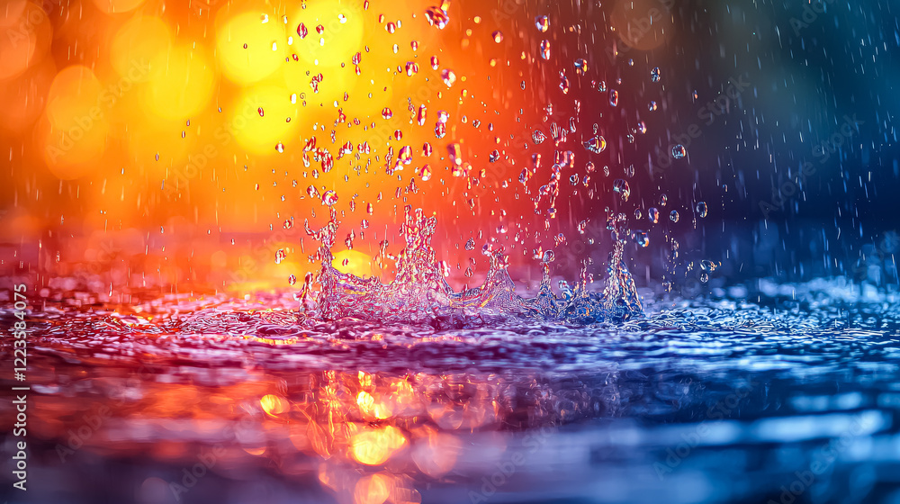 Poster splash of water in a puddle with a rainbow in the background. the water is falling in a way that it 