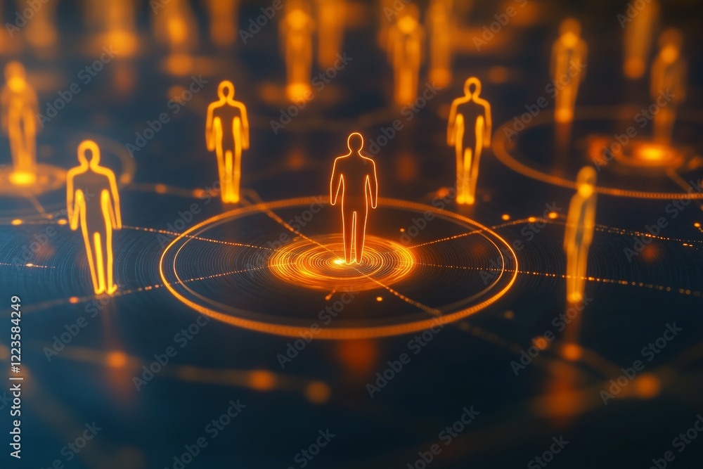 Poster glowing human figures within circles represent the process of human resource selection and networkin