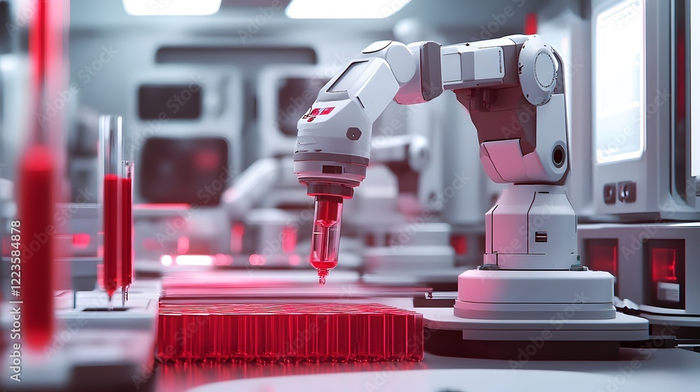 Poster advanced robotic arm precisely handling red liquid samples in modern sterile laboratory environment 