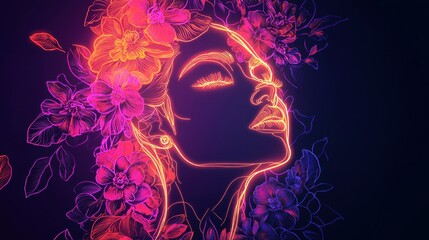 An artistic representation features a woman's face outlined in vibrant neon colors, adorned with a multitude of blooming flowers. The background is dark, enhancing the luminous effect