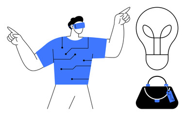 Fototapeta premium Man wearing VR headset interacting with virtual elements, circuit lines on his shirt lightbulb symbolizing ideas, handbag symbolizing fashion or shopping. Ideal for technology, innovation, virtual