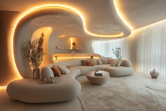 A futuristic living room design featuring clean lines, neutral tones, and innovative furniture, illuminated by customizable LED accent lighting.
