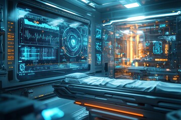 Obraz premium A futuristic operating room with a digital medical interface, where holographic monitors assist doctors in analyzing a patient health in real-time.